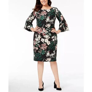 Calvin Klein‎ Black Floral Print 3/4 Bell Sleeve Sheath Dress Plus Size  2XL